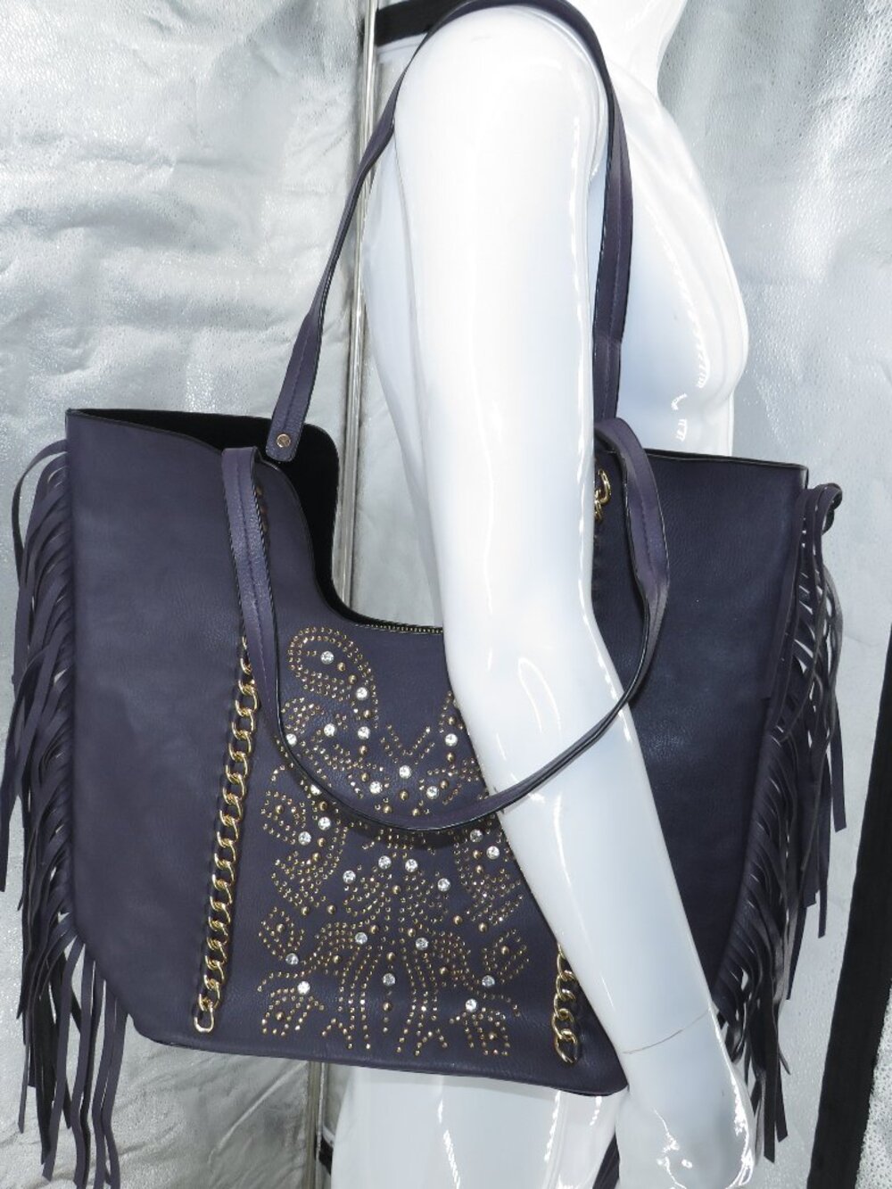 Purple Fringe Tote Bag Studded Western Shoulder Handbag Large Oversized One Size